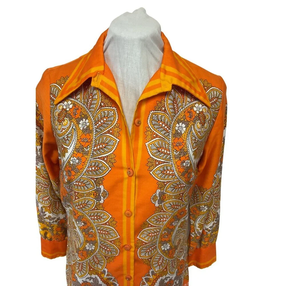 Vintage 1970s Orange Paisley & Floral Button-Up Blouse With Pointed Collar - Picture 4 of 5